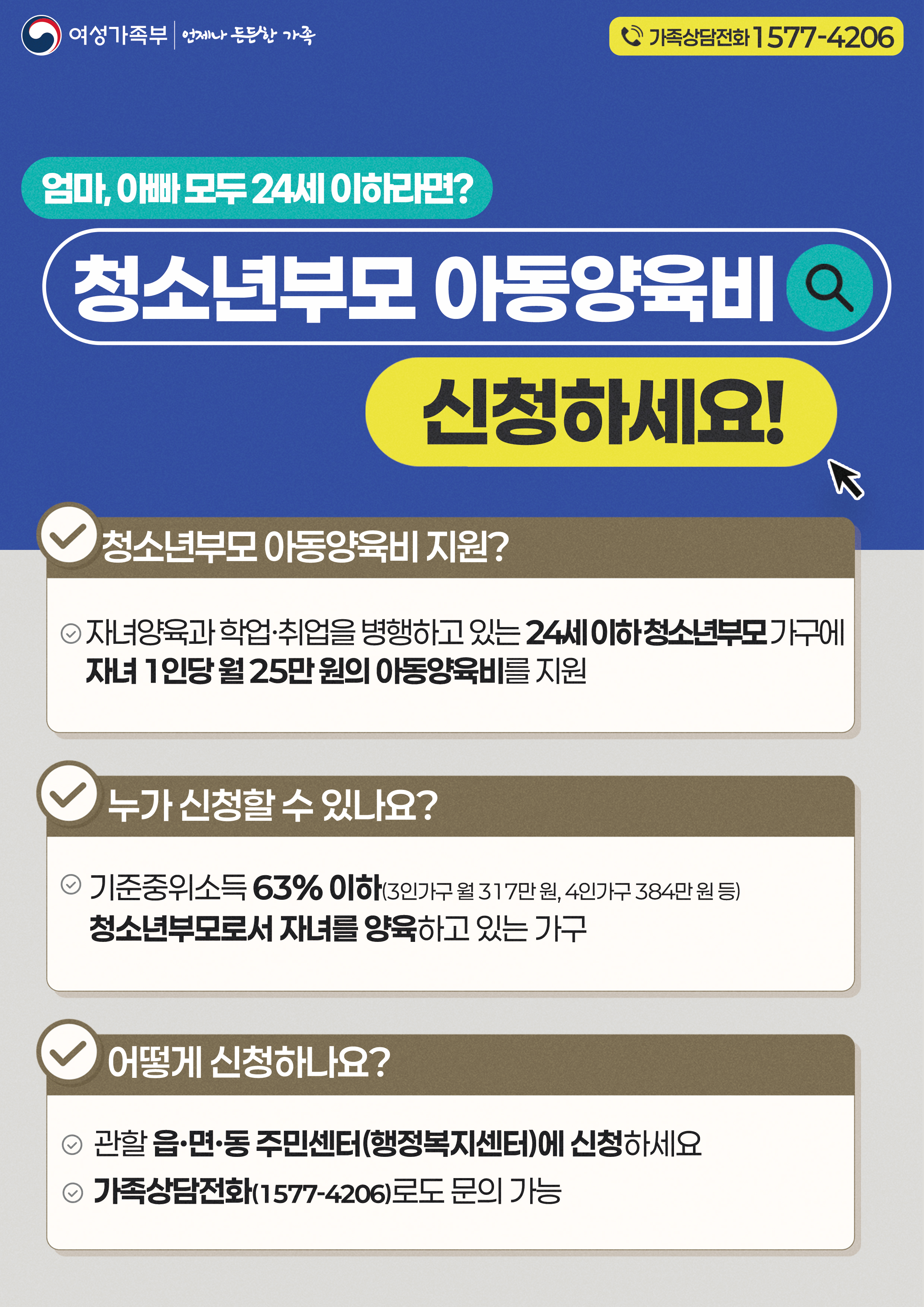 엄마, 아빠 모두 24세 이하라면? 청소년 부모 아동 양육비, 신청하세요!